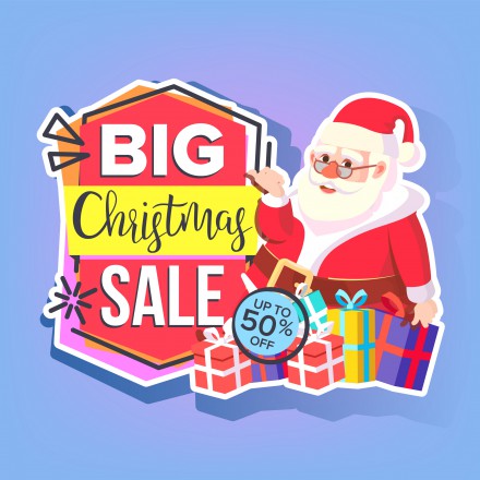 Christmas Big Sale Sticker Vector. Santa Claus. Template Brochure. Special Offer Templates. Black Friday Seasonal Promotion Tag. Best Offer Advertising. Isolated Illustration