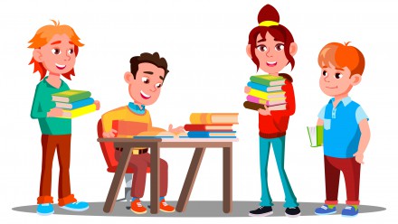 Children Reading Books Together In Library, Education Concept Vector. Reading. Illustration