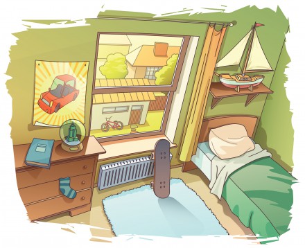 A bit messy room of a young boy. There are a skateboard near the window and the BMX bicycle outside on a backyard.  Includes: the Illustrator 10.0 layered editable vector EPS file and the Hi-res JPG. Please rate it if you like it. Enjoy!