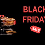 Mockup or background advert for Black Friday with shopping cart filled with gold coins to illustrate savings to be found in the sales