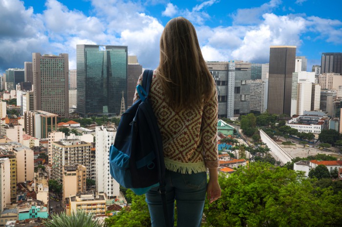 the girl is traveling around Rio de Janeiro. Brazil.