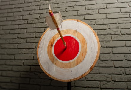 Rough wooden target with a single arrow caught right in the center of a red circle against a gray brick wall