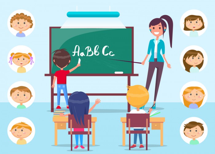 Student learning English alphabet vector, teacher with pointer teaching pupils. Classroom with kids sitting by desks with books, classmates studying. Back to school concept