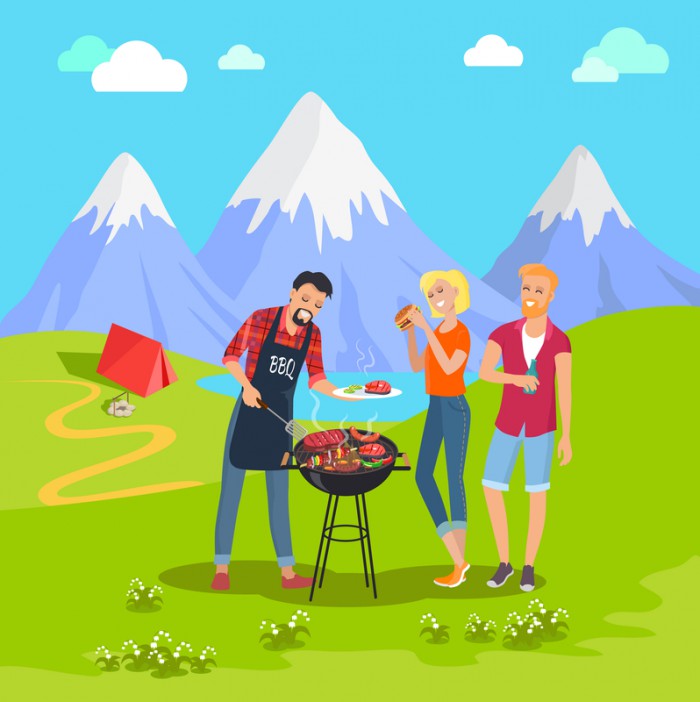 Beautiful mountain landscape and barbecue party, vector illustration, joyful people eating on nature, barbecue steaks and fish, kebab and sausages